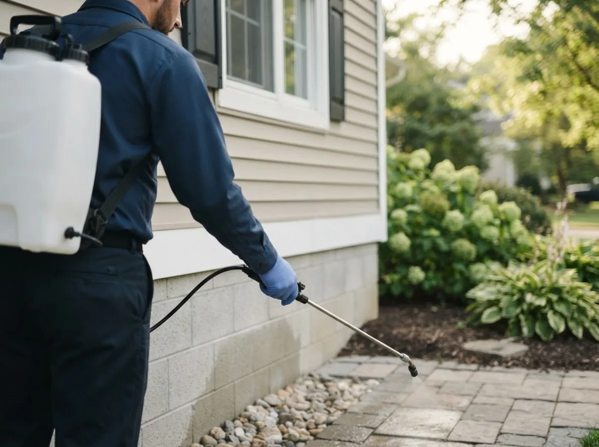 Pest control technician inspecting a home in Stockbridge, MI